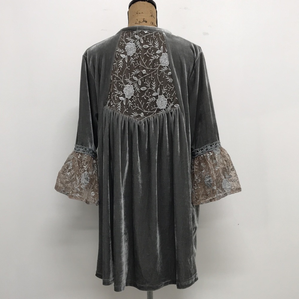 POL Velvet Tunic Blouse with Lace Insets in Gray - Picture 2 of 8